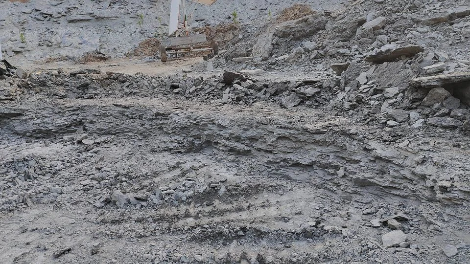 The exposed shale layers at the dig site